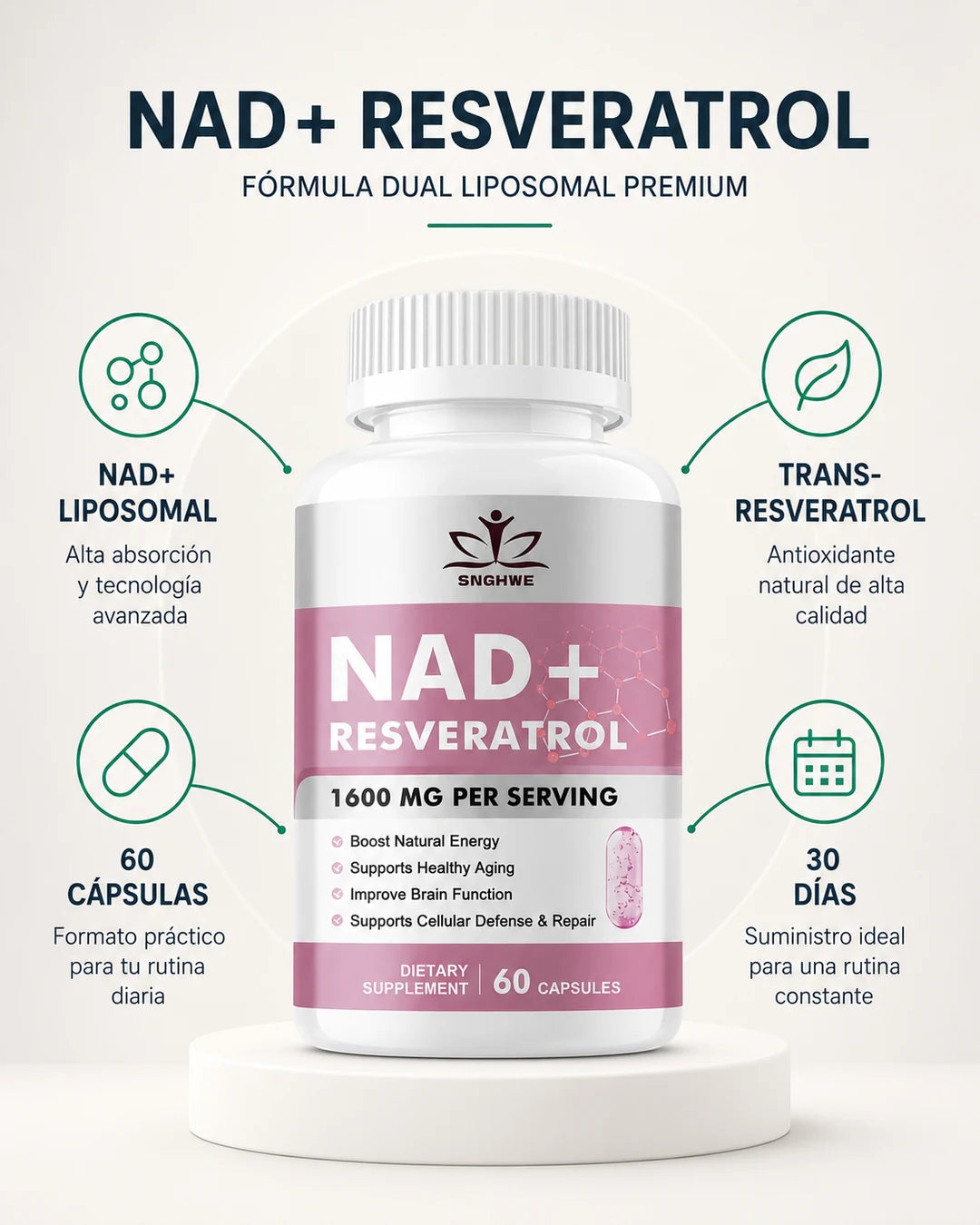 Vuelve a Sentir la Energía de Hace 10 Años — NAD+ Resveratrol Liposomal Premium